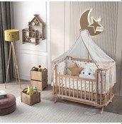 Resim Reyo Dm-01 Doğal Mabela Anne Yanı Beşik Renkli Yıldız Uyku Seti Ahşap 