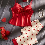 Resim 1 set Sevgililer Günü Kadınlar İçin Seksi V-Yaka Pijama Seti, %90 Polyester %10 Elastan, Kırmızı Kalp Baskılı Uzun Pantolon ile Saten Bluz, İlkbahar/Yaz Mevsimi, Dokuma Renk Bloğu Lounge Giyim 