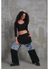 Resim 023 Kadın Cepli Bol Paça Penye Kot Denim Pantolon Kırmızı 
