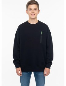 Resim Bisiklet Yaka Cep Fermuar Detaylı Erkek Çocuk Sweatshirt-90855 Siyah 