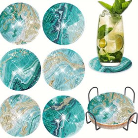 Resim 6 Paket DIY Elmas Boyama Pedleri Seti, Yuvarlak Ahşap Elmas Sanat Pedleri Braketlerle, Ev Dekoru İçin Başlangıç ​​El Sanat Malzemeleri 