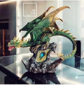Resim Dragon 77-1 Büyük Ejderha Figürü Ledli Işıklı Dekoratif Yeşil Ejderha Heykeli Fantastik Ofis Dekoru 
