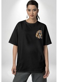 Resim Cool Yakışıklı Kapüşonlu Spor Kaplan Siyah Oversize Unisex Ön Sol Yan Minimal Baskılı Tişört Koyu Siyah 