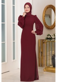 Resim Raika Moda Kol Detaylı Firuze Şifon Tesettür Abiye Bordo 