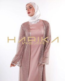 Resim Kristallerle işlenmiş el işlemeli altın ferace - 3XL 