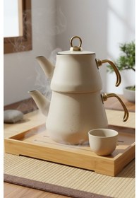 Resim Yunusoğlu Home Granit Kaplama Gold Kulplu Cam Kapak Çaydanlık Krem Krem 