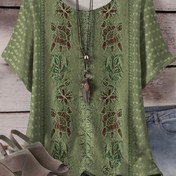 Resim Kadınlar için Rahat Yeşil Çiçek Desenli Kısa Kollu Üst - Esnek, Yuvarlak Yaka, Tüm Üzerinde Tasarım, Hafif Polyester Karışımı, Bahar ve Yaz için Mükemmel, Rahat Yaz Giyimi | Çiçek Desenli Üst | Esnek Kumaş 