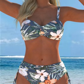 Resim Kadınların Yüksek Esneklikli Çiçek Desenli İki Parça Bikini Seti, Bağcıklı Şortlu - Canlı Tropikal Tasarım, Rahat Polyester Mayo, Plaj veya Havuz İçin 