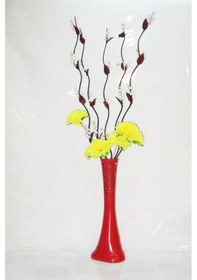 Resim 60 Cm Desenli Kırmızı Vazo 5 Adet Beyaz Üzüm ve Sarı Çiçek 