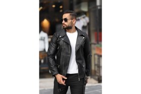 Resim Prifaldi Erkek Biker Kemerli Deri Ceket Siyah 