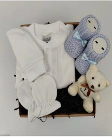Resim qx qualityxeno Kaliteli Hoş Geldin Bebek Hediye Seti Mavi & Zıbın & Şapka & Eldiven & Patik & Sevimli Ayıcık 