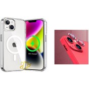 Resim Dolia Apple Iphone 14 Plus Kılıf Şeffaf Magsafe Wireless Şarj Destekli Ve Kırmızı Kamera Lens Koruma 