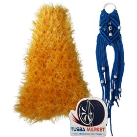 Resim TUSBA MARKET Uzun Tüylü Sarı Peluş Oto Vites Körüğü Püskülü / Nazarlıklı Mavi Makrome Oto Egsoz Püskülü 