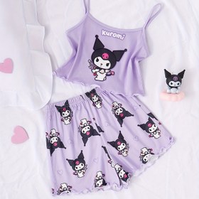 Resim Flame Retardant Sanrio için for kuromi kızların yazlık tank top ve şort pijama seti - Sevimli mor çizgi desenli, yumuşak esnek kumaş, rahat uyku ve oyun giysisi için düzenli fit, oyuncaksız uyku giysisi, rahat uyku giysisi 