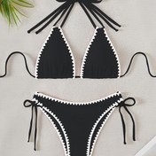 Resim Şık Siyah & Beyaz Kontrastlı Kadın Bikini Takımı - Yüksek Esneklikte Polyester/Elastan Karışımı, Makinede Yıkanabilir, Yan Bağlamalı Yüksek Kesim Mayo Pom-Pom Detaylı 