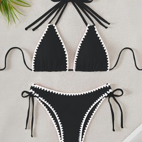 Resim Şık Siyah & Beyaz Kontrastlı Kadın Bikini Takımı - Yüksek Esneklikte Polyester/Elastan Karışımı, Makinede Yıkanabilir, Yan Bağlamalı Yüksek Kesim Mayo Pom-Pom Detaylı 