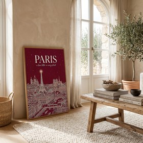 Resim Paris Line Art Print - Burgundy Eiffel Tower Skyline Wall Art - Wooden Frame - Natural / 16 x 20" (40x50 cm) 
