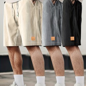 Resim 1 adet Erkek Yaz Korduroy Elastik Bel Moda Şort, Bağcıklı Bel, Plaj, Tatil, Spor, Günlük Giyim için Uygun 