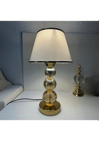 Resim Mooncher Cam Gövdeli Gold Metal Abajur Altın Şeritli Krem Kumaş Başlık Gece Lambası Krem - Gold 