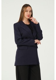Resim Lacivert Astarlı Kruvaze Kapama Dokuma Blazer Ceket 001 