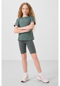 Resim Tommylife Haki Pamuklu Kısa Paça Standart Fit Basic Kız Çocuk Tayt - 75188 Haki 