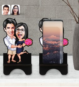 Resim Bk Gift Kişiye Özel Sevgililer Karikatürlü Ahşap Biblo Telefon Standı-108 