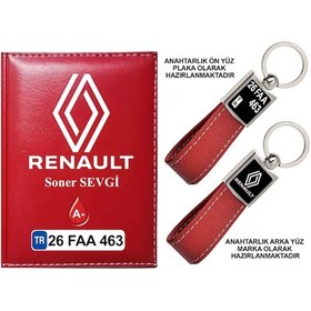 Resim Plakanıza Özel Yeni Renault Logolu Kırmızı Ruhsat Kabı Ve Anahtarlık 