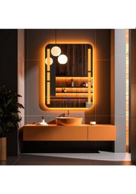 Resim Drayno Amber Led'li Lazer Kumlamalı Lavabo & Banyo Aynası Dokunmatik Sensörlü 70 X 45 Turuncu 