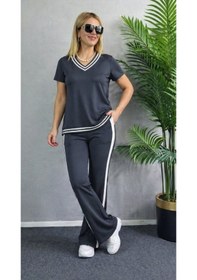 Resim Efnaz Style Kadın Kısa Kollu V Yakalı Viskon Iki Iplik Bluz Ve Pantolon Ikili Takım Gri 