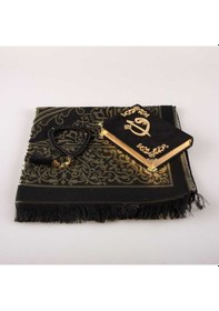 Resim Seccade + Tesbih + Kuran Hediye Seti (Çanta Boy, Kadife, Siyah) 