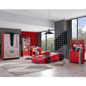 Resim Setaymobilya Sports Çocuk Odası, Merso Arabalı Yataklı Full Takım - Kırmızı 