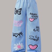 Resim Kızlar için Moda Uzun Pantolon Dijital Baskı Taklit Denim Grafiti Kelebek Aşk Düz Paça Rahat Pantolon, Dış Mekan İçin Mükemmel 