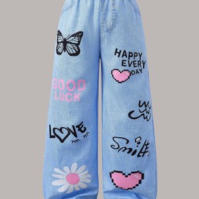 Resim Kızlar için Moda Uzun Pantolon Dijital Baskı Taklit Denim Grafiti Kelebek Aşk Düz Paça Rahat Pantolon, Dış Mekan İçin Mükemmel 
