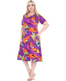 Resim Melsay Butik Mor Balık Desen Kısa Kollu Büyük Beden Midi Elbise Mor 