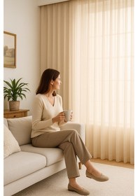 Resim Soft Dokulu Şık Pileli Tül Perde Salon Oturma Odası Yatak Odası Çocuk Odası Ekru 