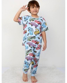 Resim Erkek Çocuk %100 Pamuk Baskılı Pijama Takımı Kısa Kollu, Sevimli Desenler Mavı 
