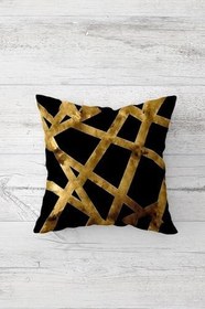Resim Pelangi Gold Şeritli Ve Kuş Tüyü Desenli Gizli Fermuarlı Kırlent Kılıfı Koltuk Yastık Kılıfı Takım(4adet), Gold-Siyah 45 x 45 