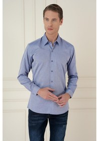 Resim Slim Fit %100 Pamuk Uzun Kol Dokulu Klasik İndigo Gömlek Gk 749 Indigo 