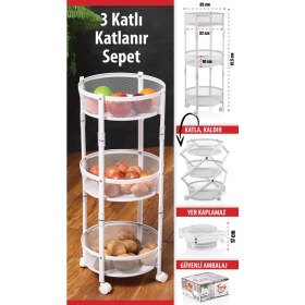 Resim Cornella 3 Katlı Pratik Katlanır Beyaz Renk Tekerlekli Patates Soğanlık - Çok Amaçlı 87,5cm Metal Organizer 