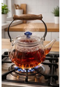 Resim Qerhome Borosilikat Cam Ahşap Detaylı Metal Sap Cam Demlik Galaksi 1000 M Aw2024 Şeffaf 