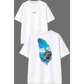 Resim Vsrn Kuş Tüyü Tasarım Ön Arka Baskılı Beyaz Oversize T Shirt 