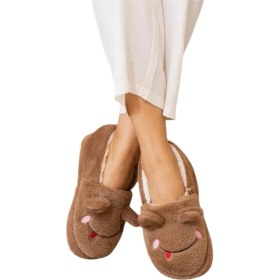 Resim Liger Kışlık Kadın Panduf Ev Ayakkabısı | Kurbağa Figürlü | Kaydırmaz Taban VİZON 