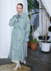 Resim Dik Yaka Oversize Trençkot Mint Yeşili - M/L 