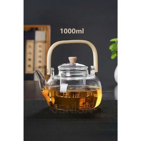 Resim PremiumPort Şık Ahşap Saplı Cam Demlik 1000 Ml, Isıya Dayanıklı Bitki Çayı Seti 
