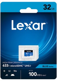 Resim Lexar Blue Series 32 GB 633X MicroSDHC UHS-I 4K UHD V10 U1 A1 C10 Hafiza Kart 