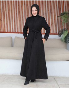 Resim Tam Boy Kuşaklı Gizli Fermuarlı Mevlana Ferace Siyah 