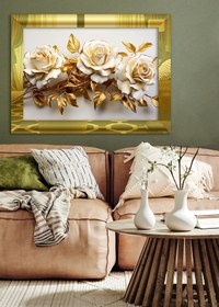 Resim Evinemoda Beyaz Gül Gold Yapraklı Gold Tek Parça Pleksi Tablo 