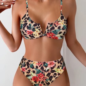 Resim Yazlık Kadınlar için Çiçek Desenli İki Parça Bikini Seti - Yüksek Esneklik, Karın Kontrolü, Sırtı Açık Tasarım ile Ayarlanabilir Askılar ve Dantelli Kenarlar ile Plaj ve Havuz için 