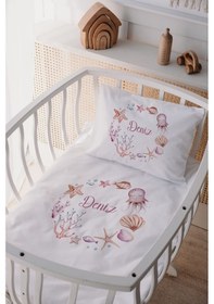 Resim %100 Pamuk Saten Isme Özel Isimli Anne Yanı Beşik Nevresim Takımı Deniz Canlıları 