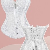 Resim Vintage Jakarlı Dantelli Bodysuit, Korse Üst, Kadınlar için Straplez Bel Tasarımı, Volanlı Detaylar, Saray Tarzı Şekillendirici Giyim. 